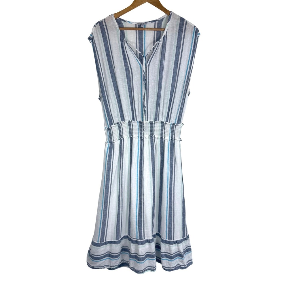 Rails Ashlyn Linen Blend Midi Dress XL Blue Stripe Smocked Coastal Beach Boho - Picture 2 of 13